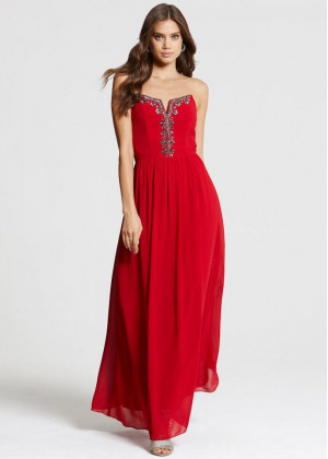 Red Chiffon Beads Strapless Long Prom Dress